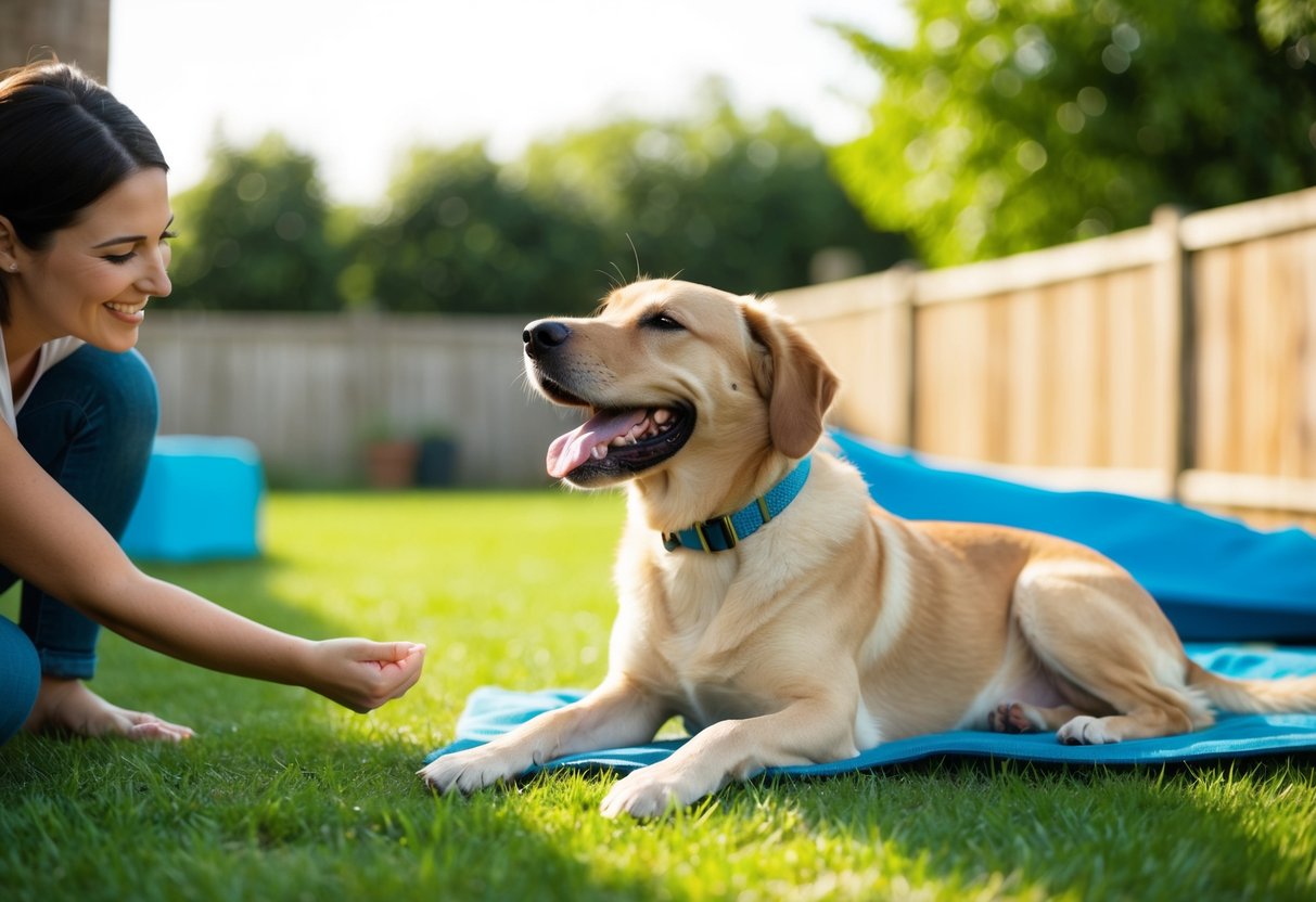A content female dog relaxes in a sunny backyard, wagging her tail and enjoying the attention of her owner after being spayed
