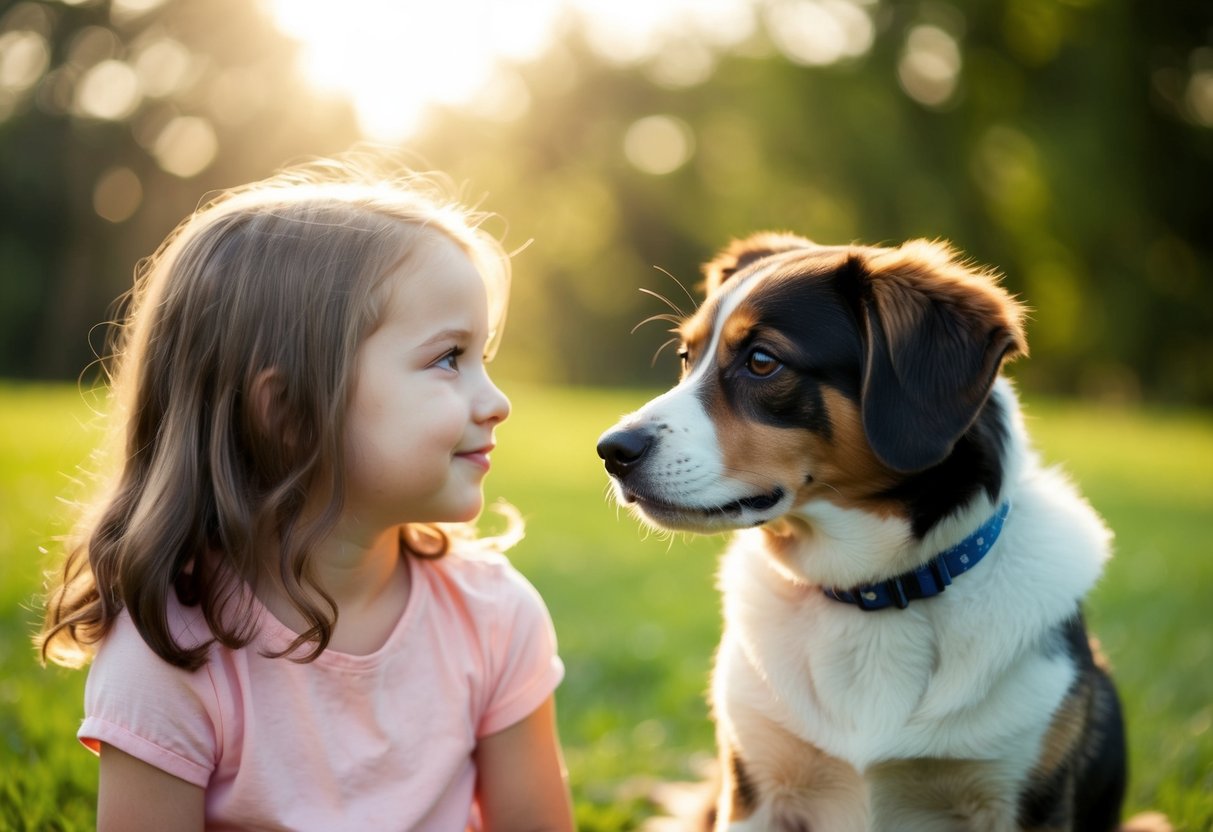 A girl and boy dog sit side by side, looking at each other with curiosity