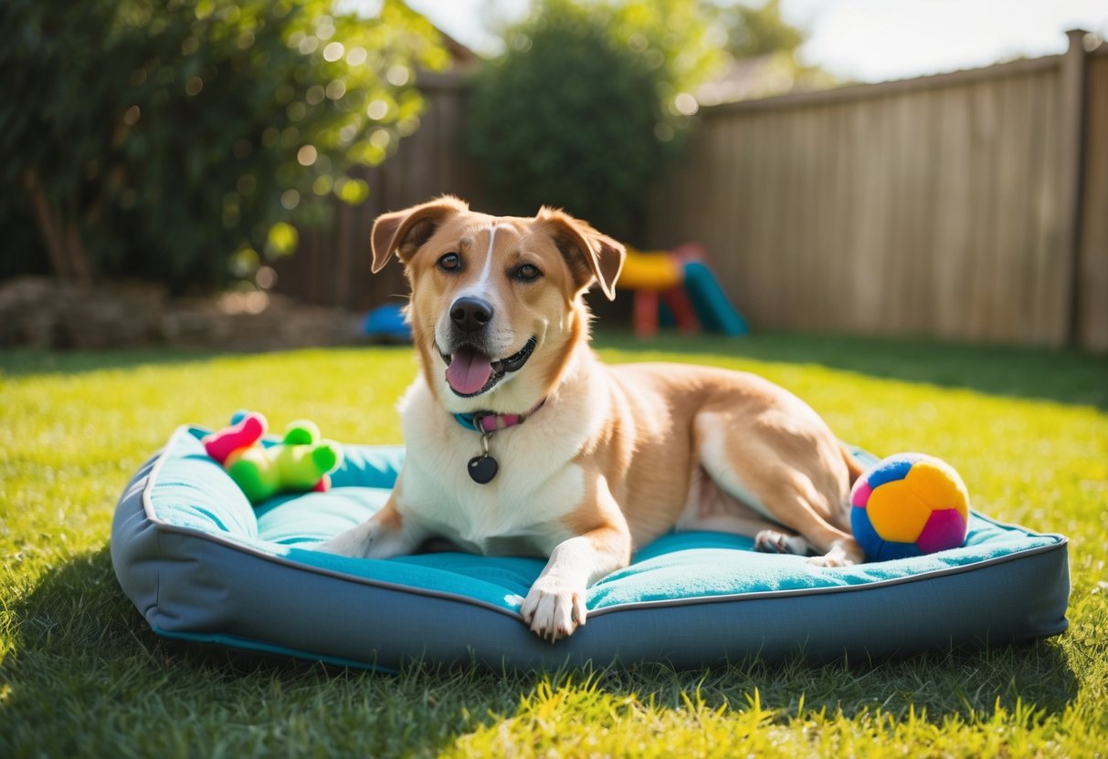 A contented female dog lounges in a sunny backyard, surrounded by toys and a comfortable bed. She is relaxed and at ease, showing no signs of discomfort after being spayed