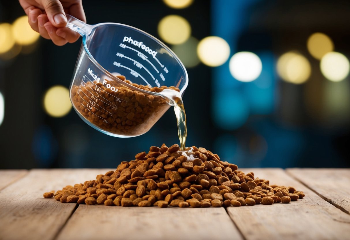 A measuring cup pouring wet dog food onto a pile of dry dog food