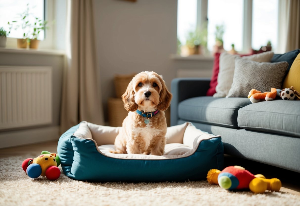A cockapoo sits alone in a cozy living room, surrounded by toys and a comfortable bed, as sunlight streams in through the window