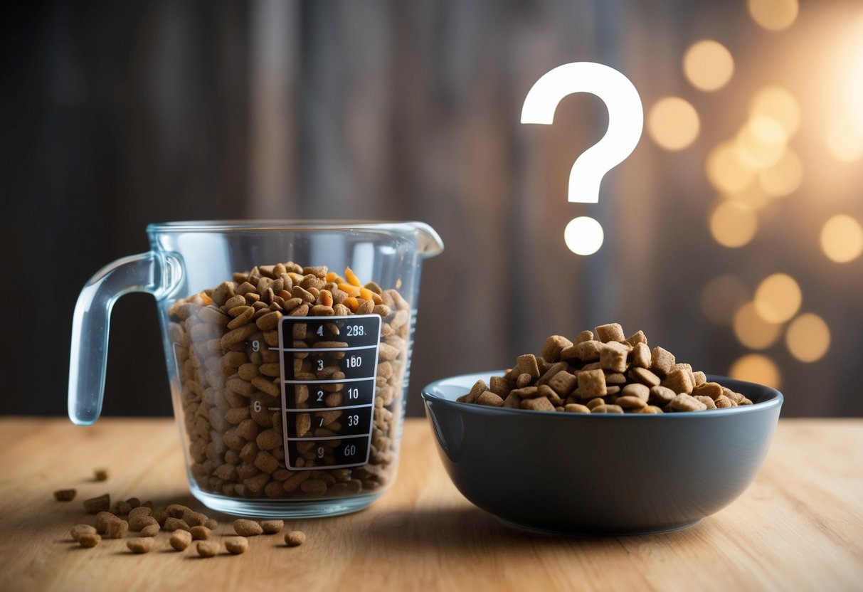 A measuring cup filled with dry dog food next to a bowl of wet dog food, with a question mark above it