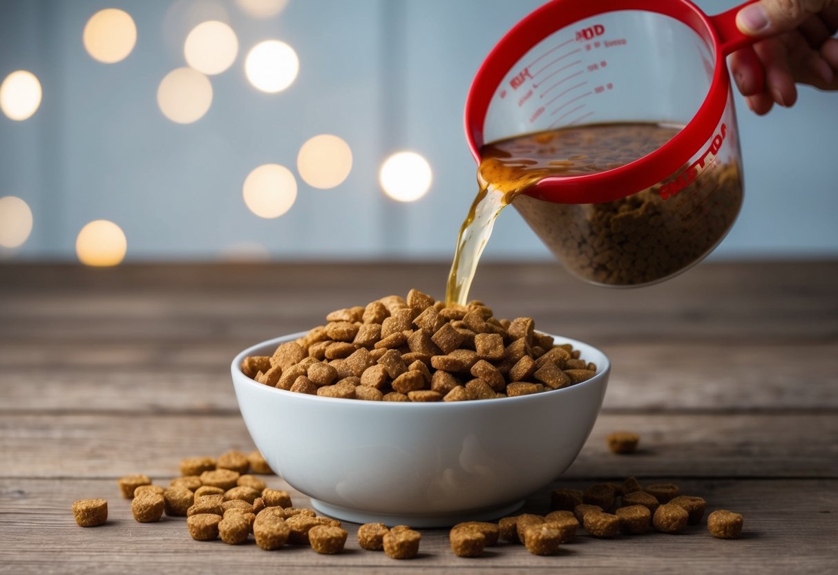A bowl of dry dog food with a measuring cup filled with wet dog food pouring into it