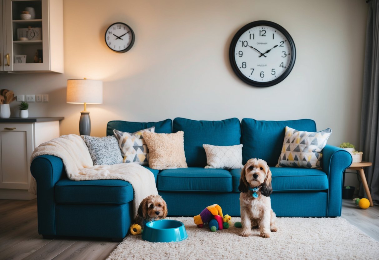 A cozy living room with a comfortable bed, toys, and water bowl for a cockapoo. A clock on the wall shows 8 hours passing