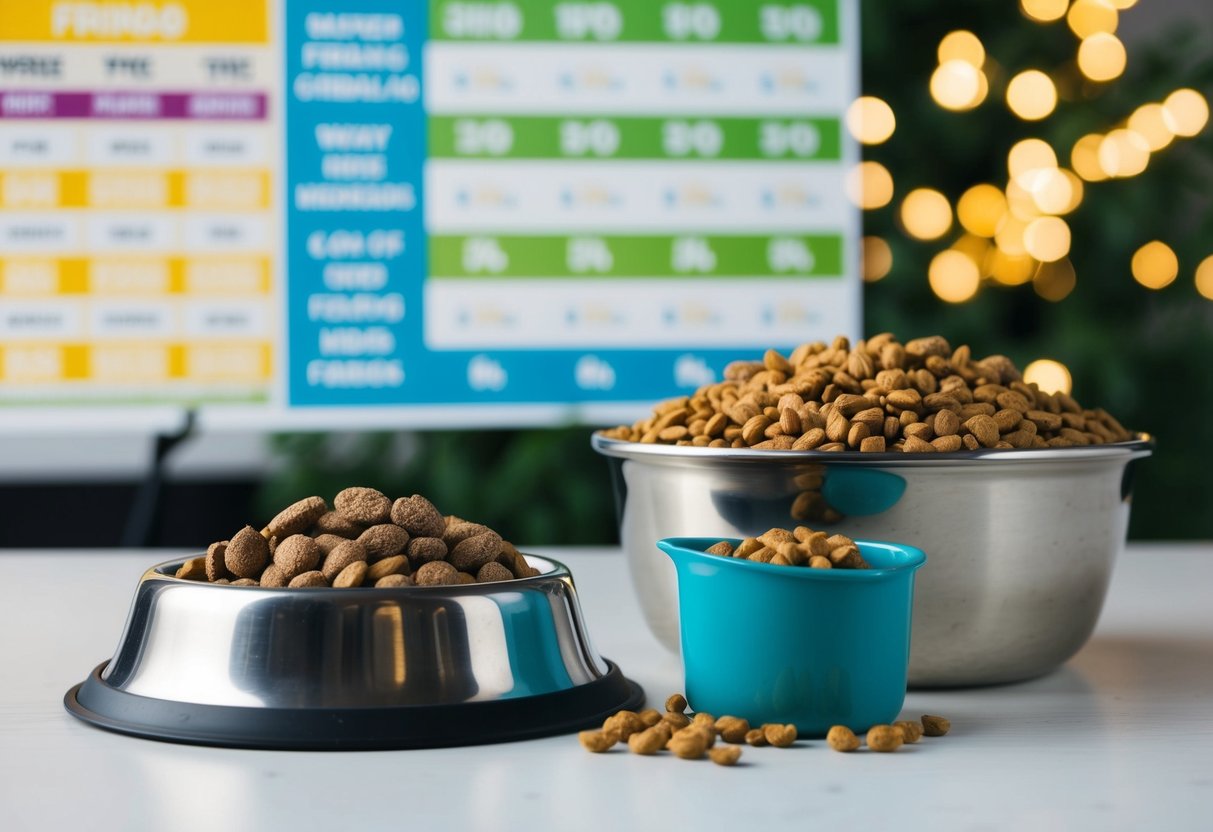 A dog bowl filled with dry food next to a measuring cup filled with wet food, with a chart of feeding schedules and tips in the background