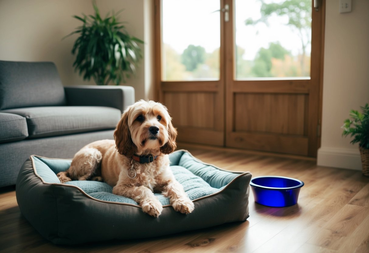 A cozy living room with a comfortable dog bed, toys, and a water bowl. A large window allows natural light to filter in, creating a warm and inviting space for the cockapoo to relax while alone