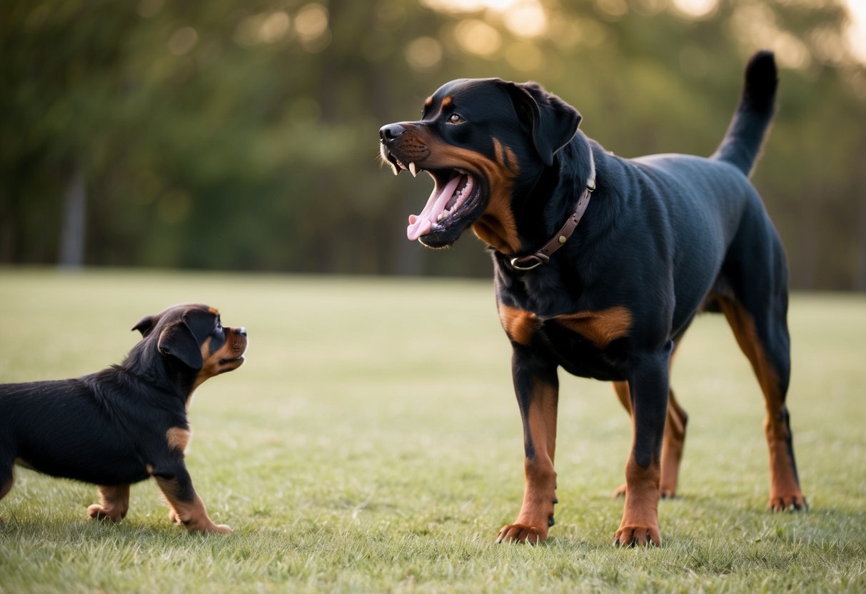 A snarling, barking Rottweiler stands with raised hackles and bared teeth, glaring menacingly at a cowering smaller dog