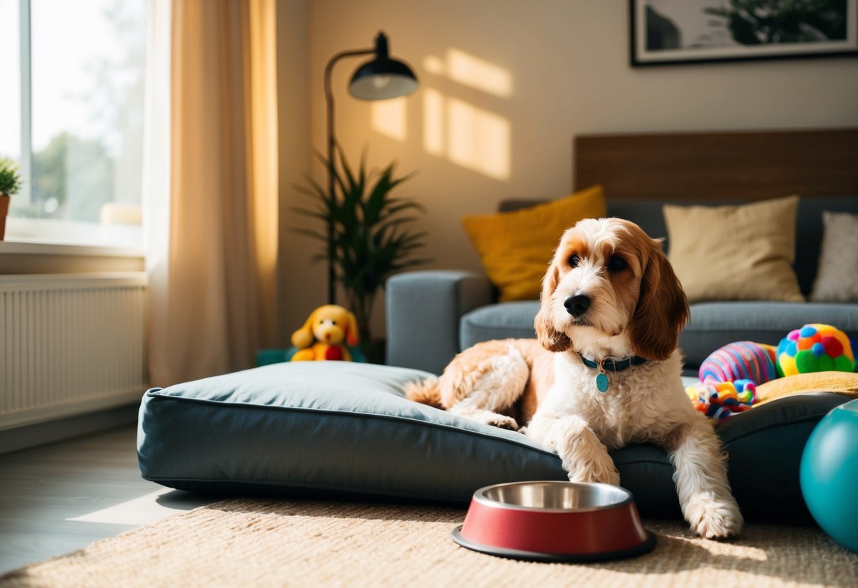 A cozy living room with a comfortable bed, toys, and water bowl for a cockapoo. Sunlight streams in through a window, creating a warm and inviting atmosphere