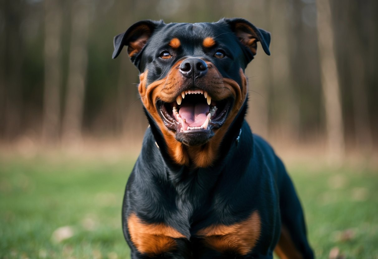 A snarling, teeth-baring Rottweiler stands aggressively, ears pinned back and eyes narrowed, ready to attack
