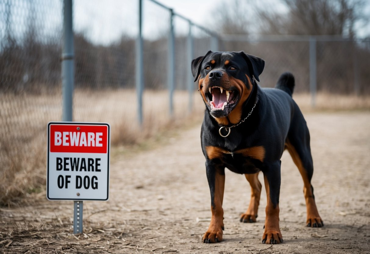 A snarling, growling Rottweiler bares its teeth, standing in a barren, chain-link fenced yard with a "Beware of Dog" sign