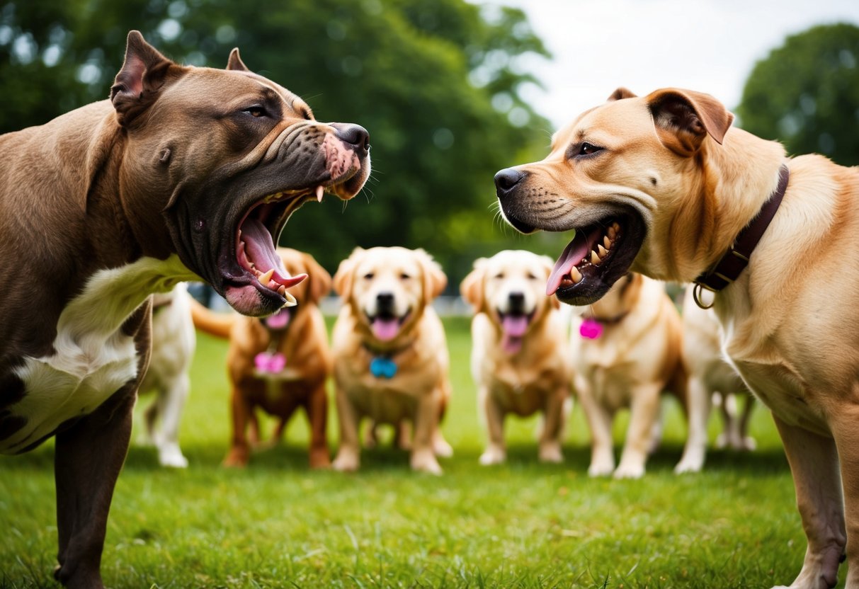 Two snarling, aggressive pit bulls face off against a group of playful, wagging golden retrievers in a park