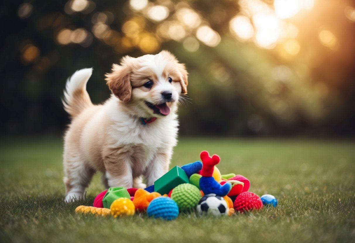 A fluffy puppy wagging its tail, surrounded by a pile of colorful toys