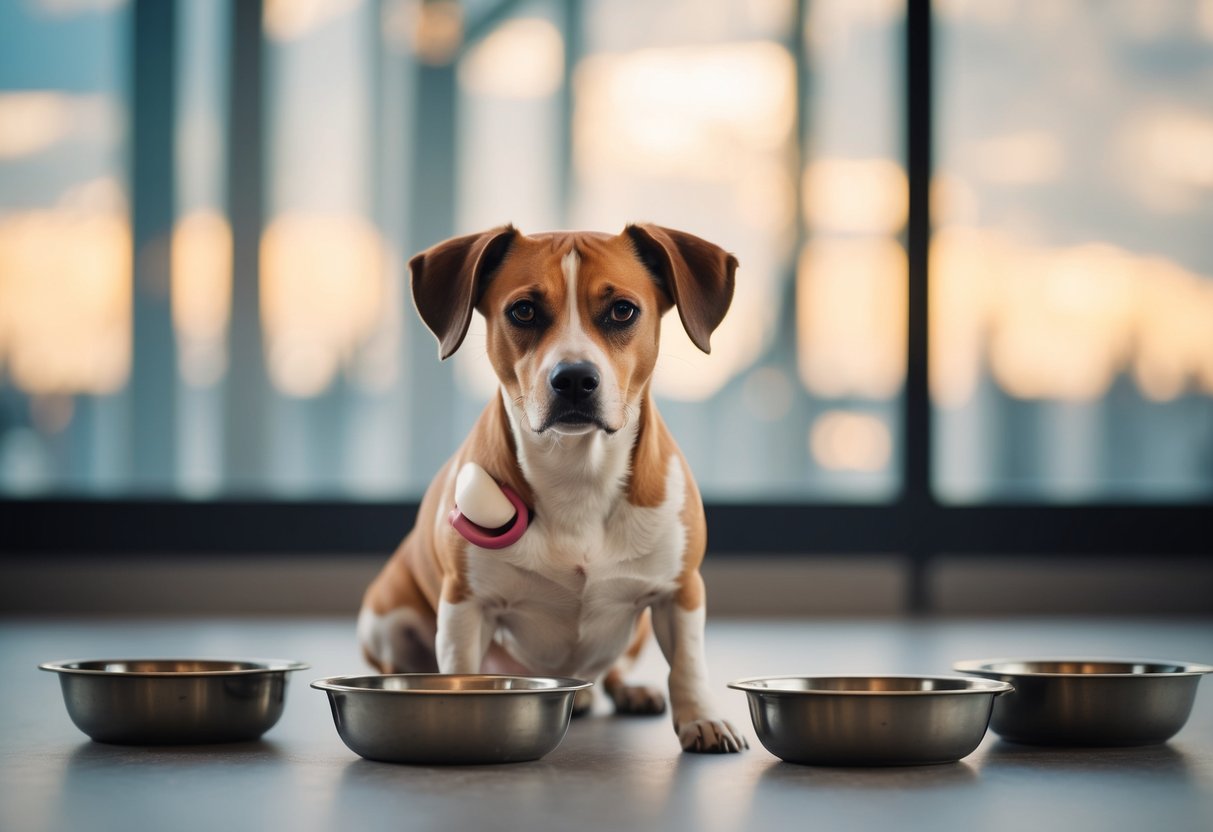A female dog looking sad with a surgical incision on her abdomen, surrounded by empty food and water bowls