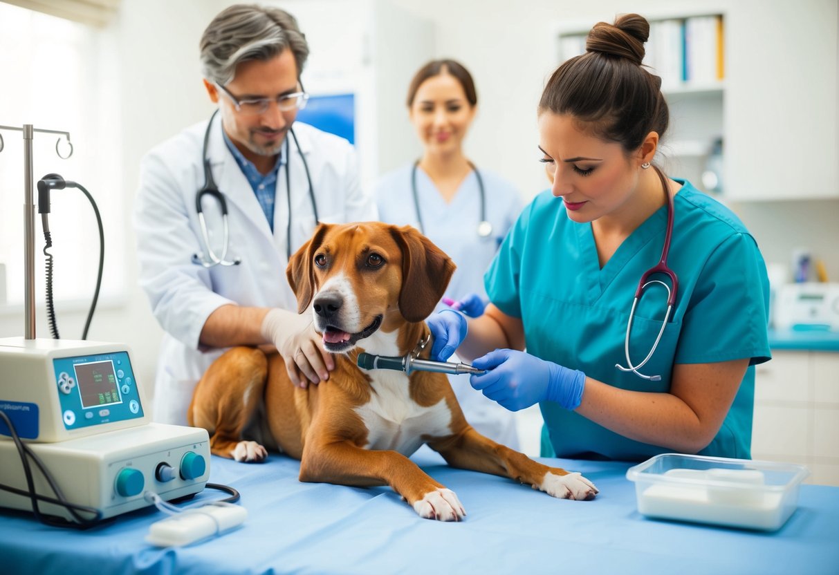 A veterinarian performing a spaying surgery on a female dog, with medical equipment and an attentive assistant in the background
