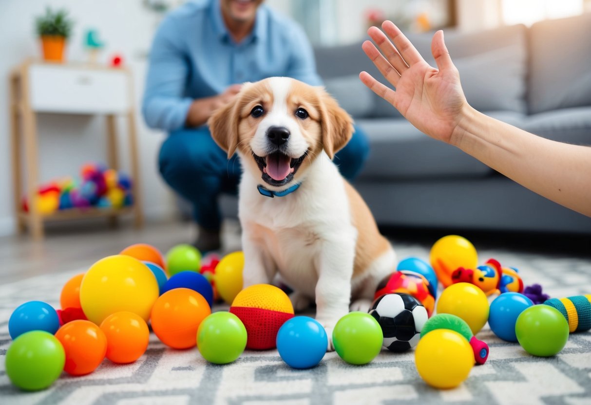 A joyful puppy surrounded by various toys, eagerly responding to its new name being called out by its owner