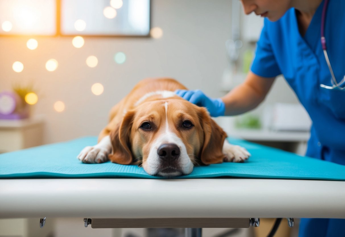 A female dog lying on a veterinarian's table with a sad expression, while the vet prepares for a spaying procedure