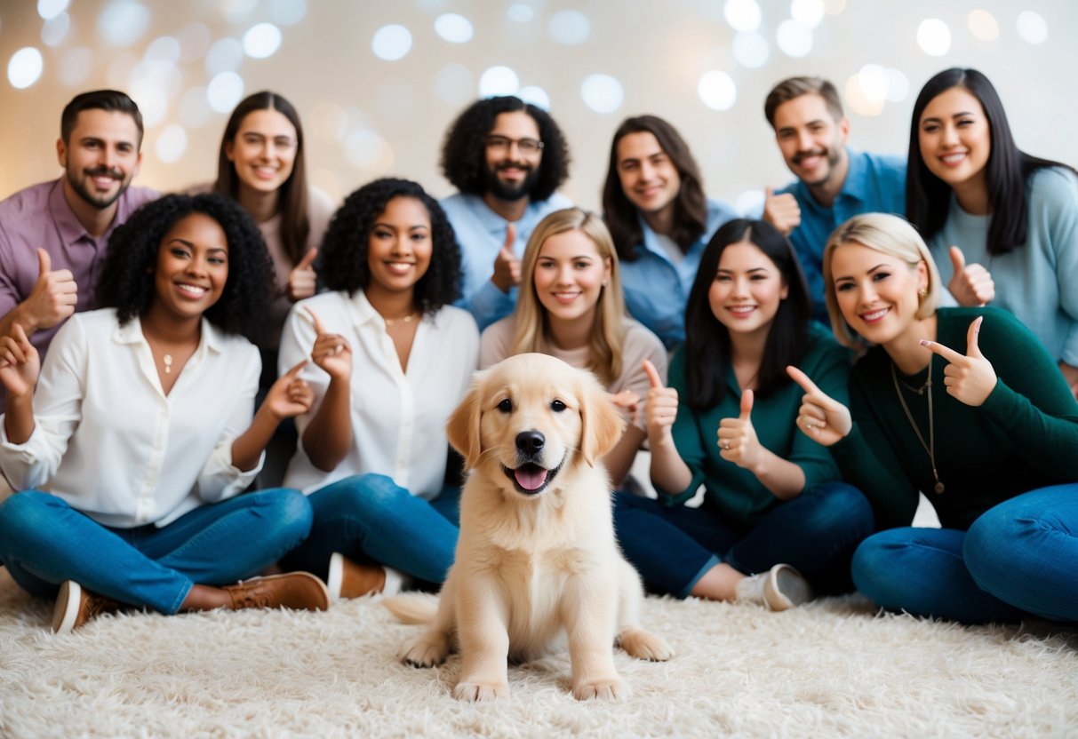 A playful golden retriever puppy surrounded by a diverse group of people, each suggesting a different name based on their gender and personality