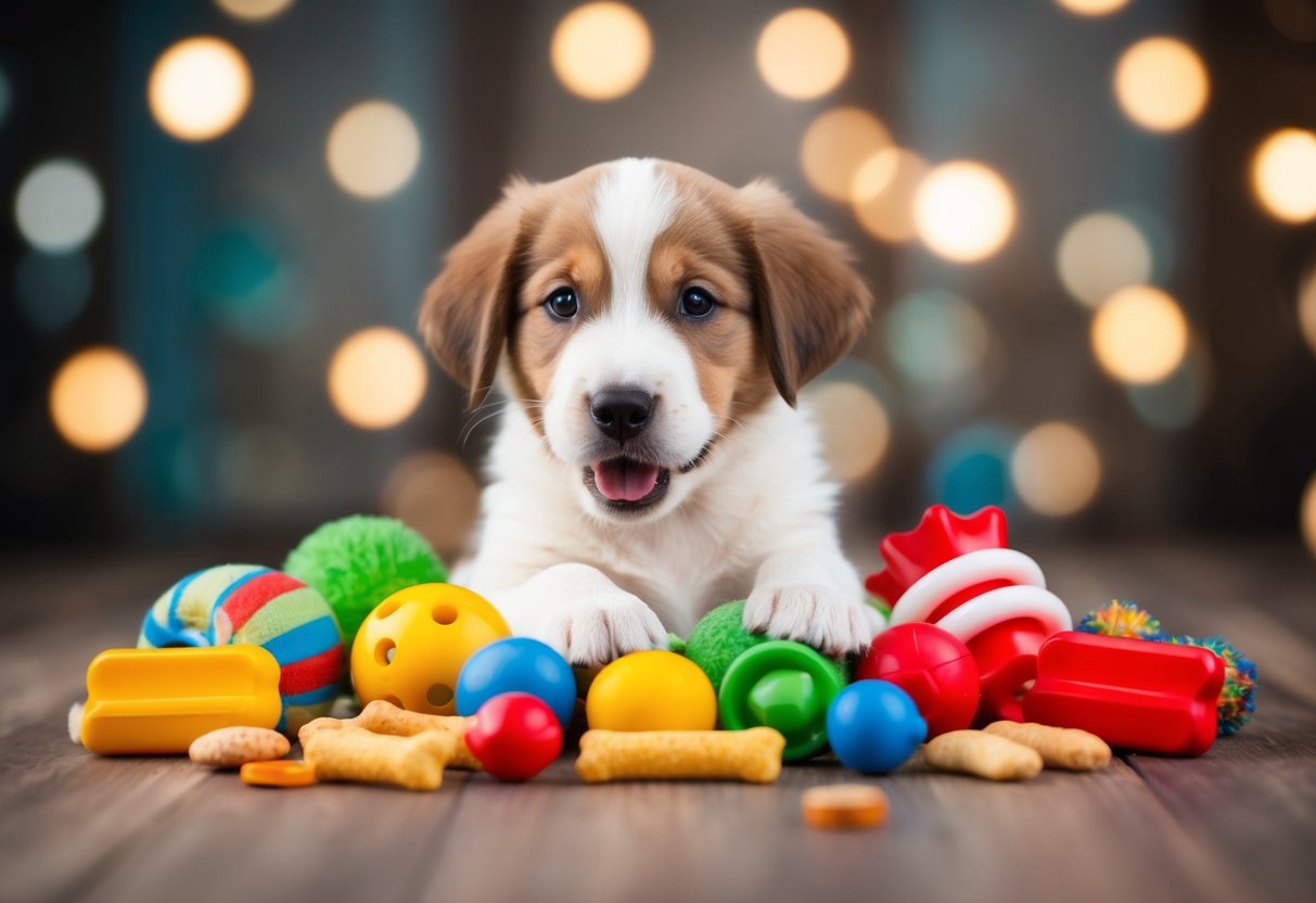 A playful puppy surrounded by a variety of toys and treats, with a thoughtful expression on its face as it considers its new name
