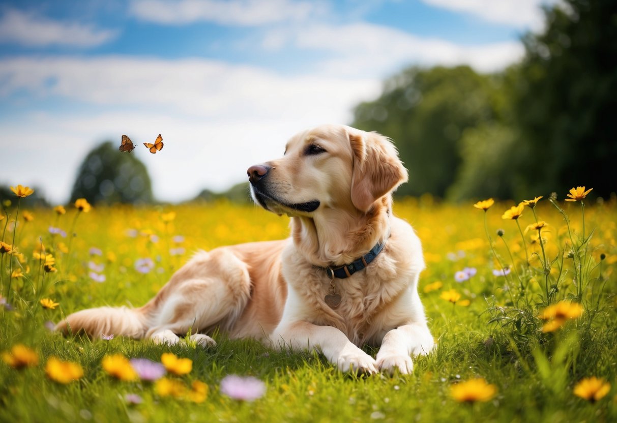 A golden retriever lies in a sunlit meadow, surrounded by wildflowers and butterflies, gazing contentedly at a serene, blue sky