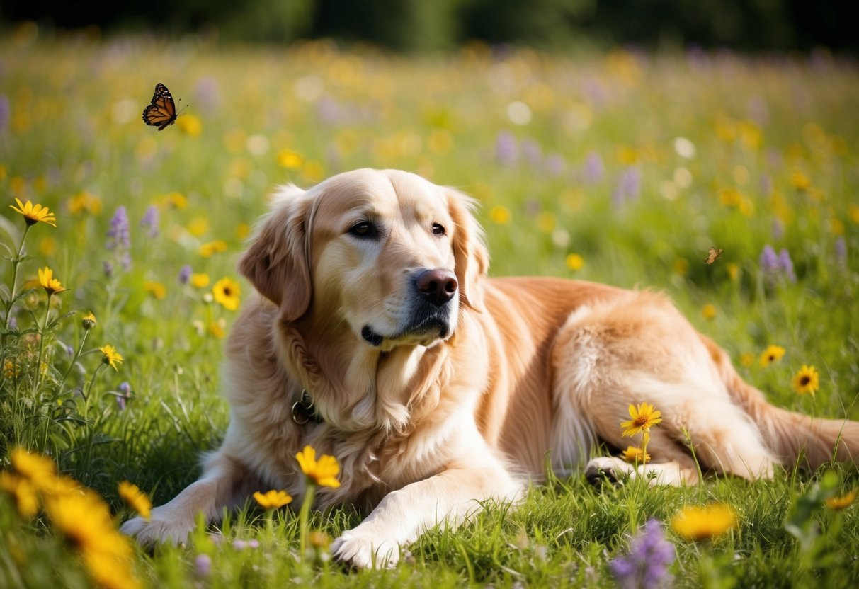A golden retriever lies peacefully in a sunlit meadow, surrounded by wildflowers and butterflies. Its gentle eyes reflect a sense of tranquility and contentment