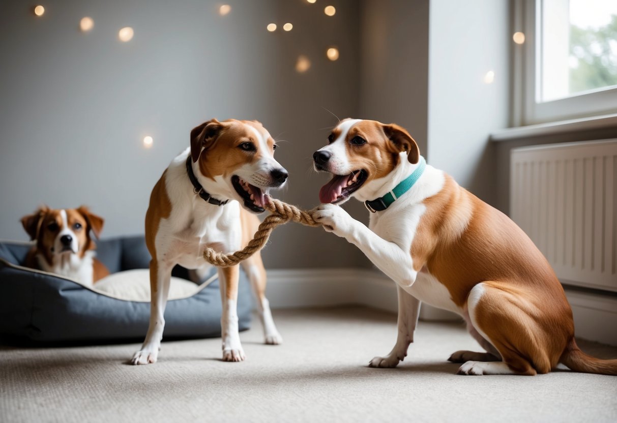Two dogs playfully tugging on a rope toy, while a third dog watches from a cozy bed in the corner
