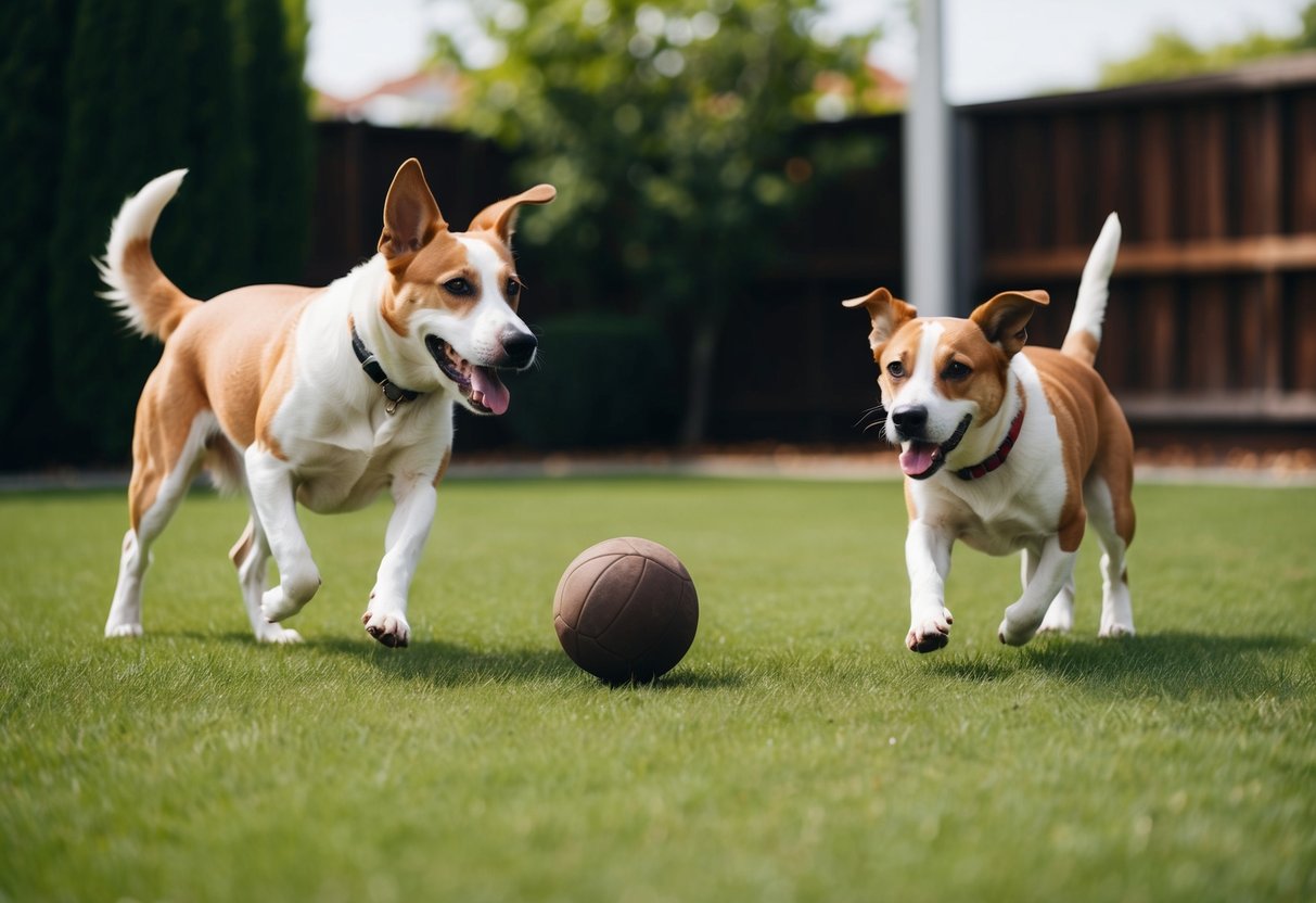 Two dogs playing in a spacious backyard, one fetching a ball while the other runs alongside. Both dogs appear happy and healthy, enjoying each other's company