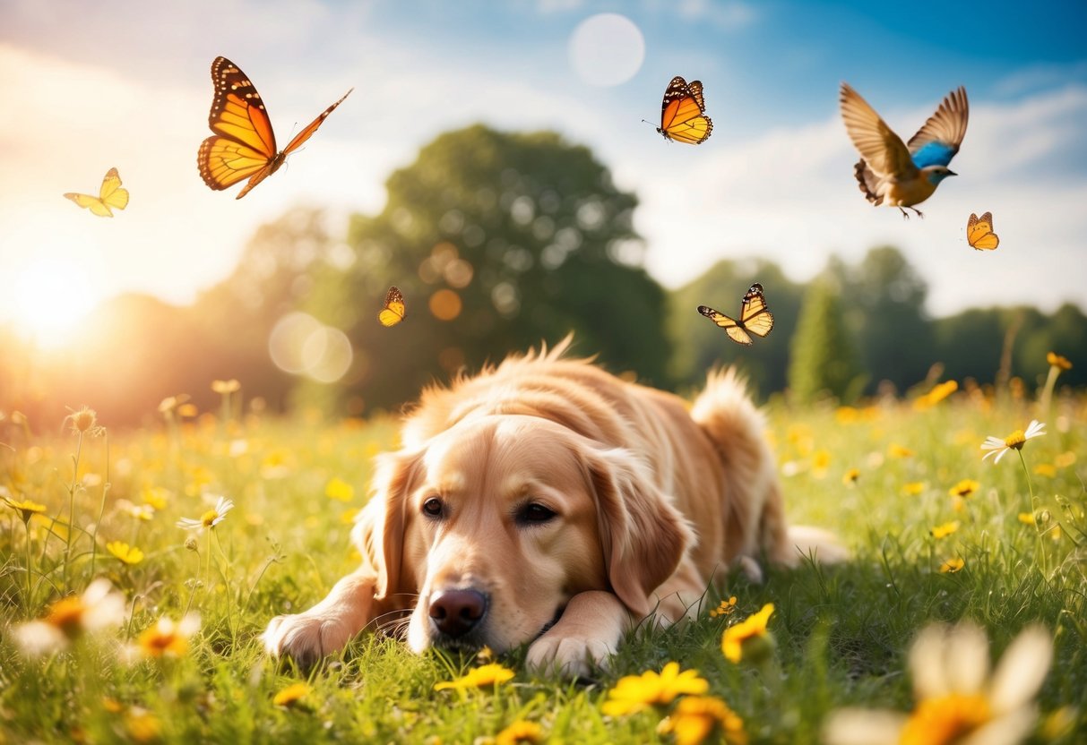 A serene, golden retriever lies peacefully in a sun-dappled meadow, surrounded by fluttering butterflies and chirping birds