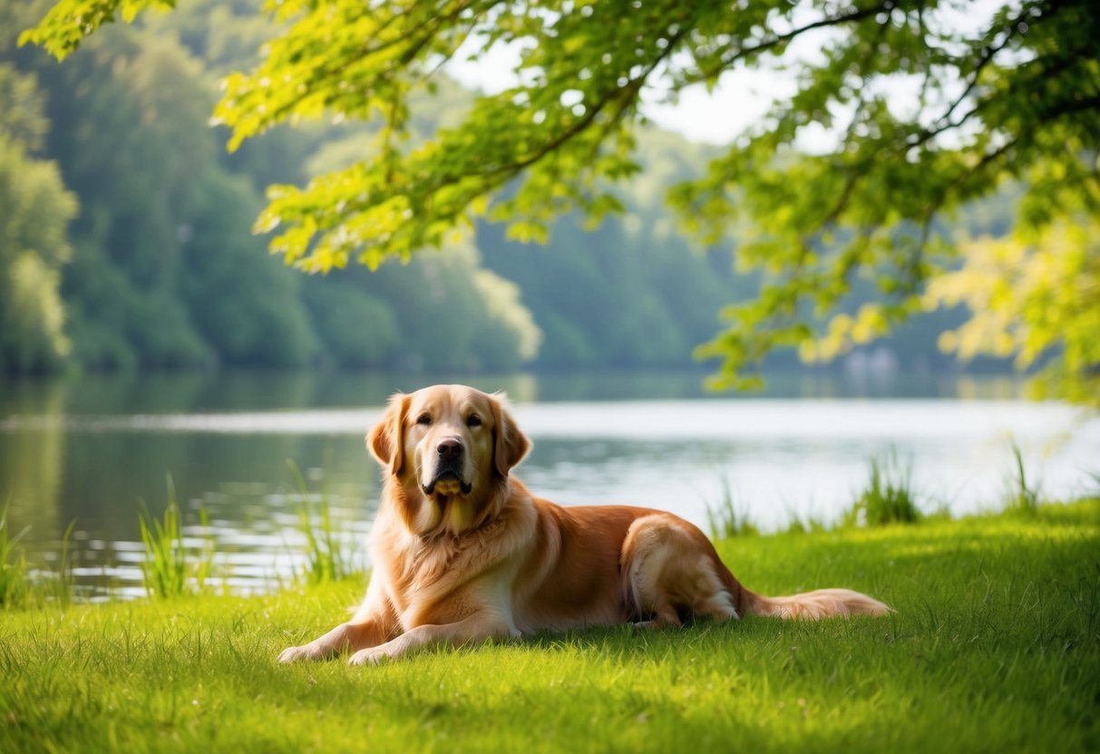 A golden retriever lies peacefully by a serene lake, surrounded by lush greenery and soft sunlight filtering through the trees