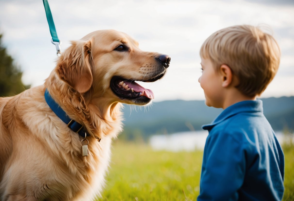 A golden retriever wagging its tail, approaching a child with a big smile on its face