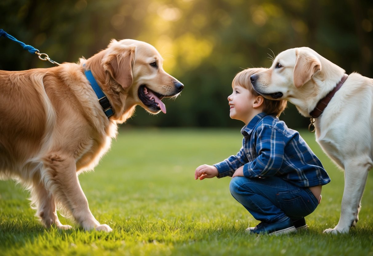 A golden retriever wagging its tail, approaching a child with a big smile, while a Labrador leans in for a gentle nuzzle