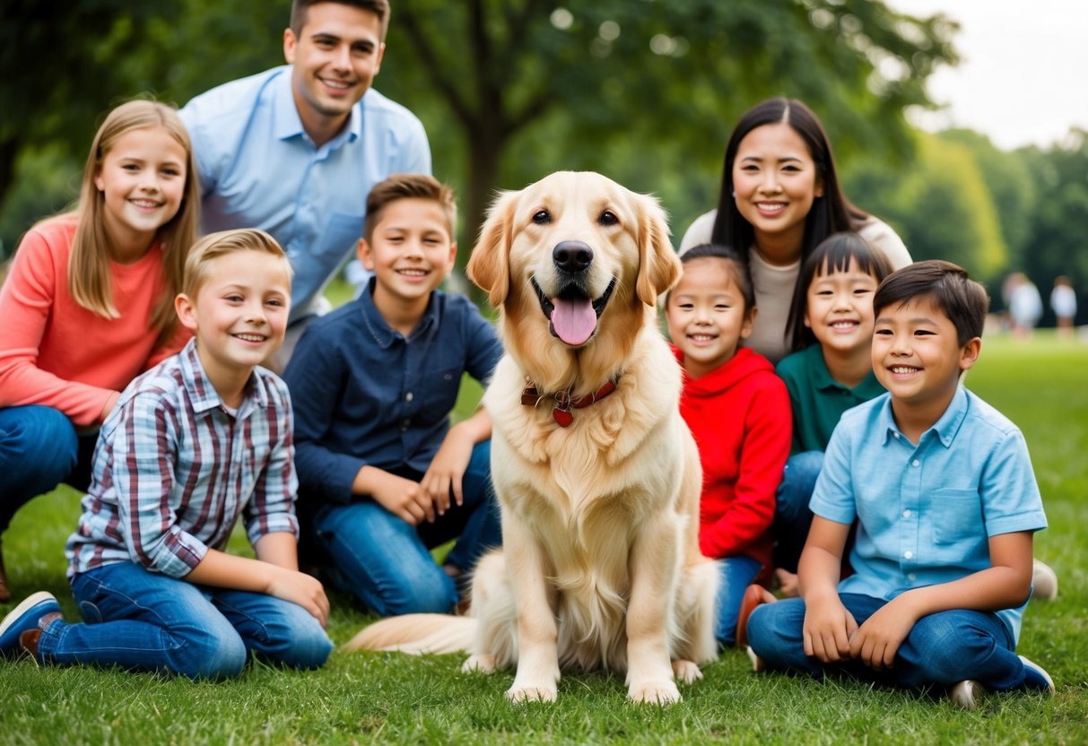 A golden retriever wagging its tail, surrounded by smiling children and adults in a park