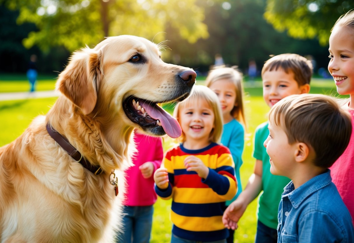 A golden retriever wagging its tail, tongue out, and eyes bright, eagerly greeting a group of smiling children in a sunny park
