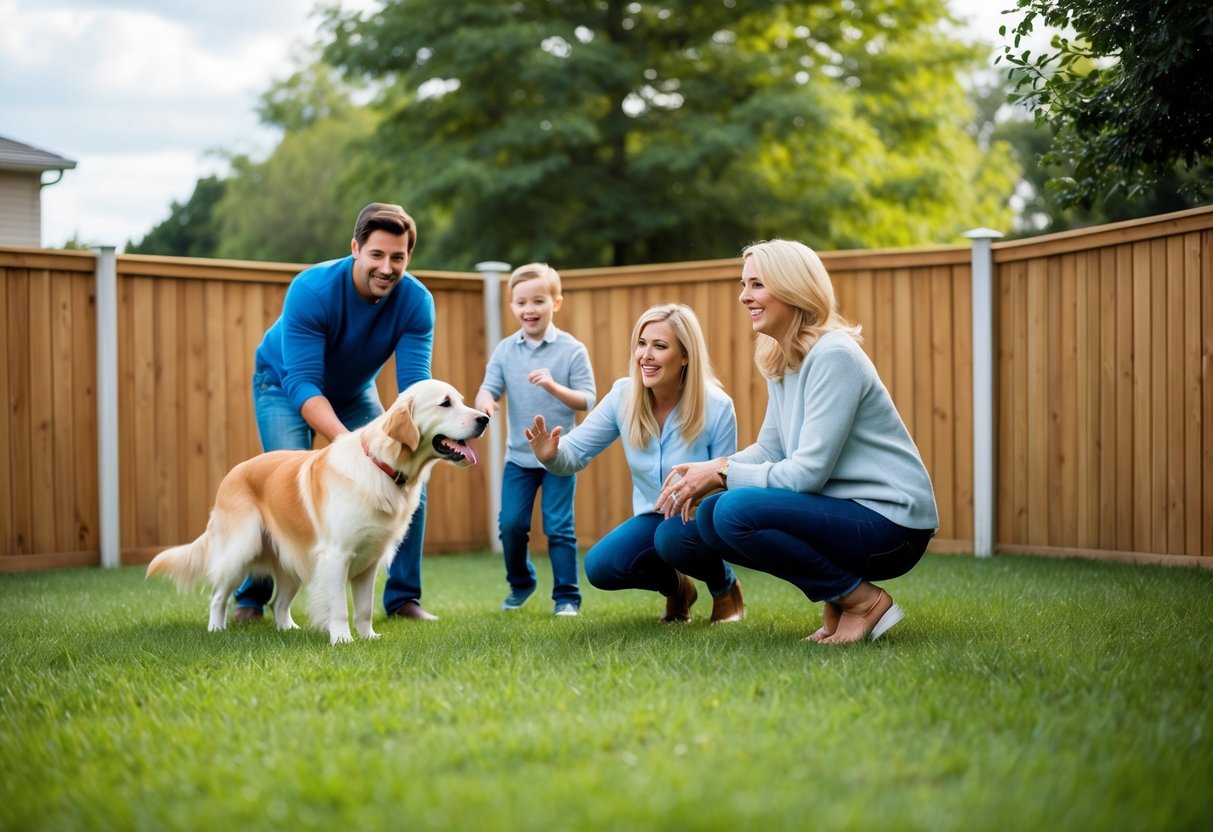 A family playing in a fenced backyard with a golden retriever, a popular and safe dog breed for families