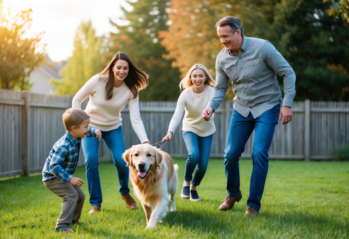 A family playing in a fenced yard with a friendly, well-trained golden retriever