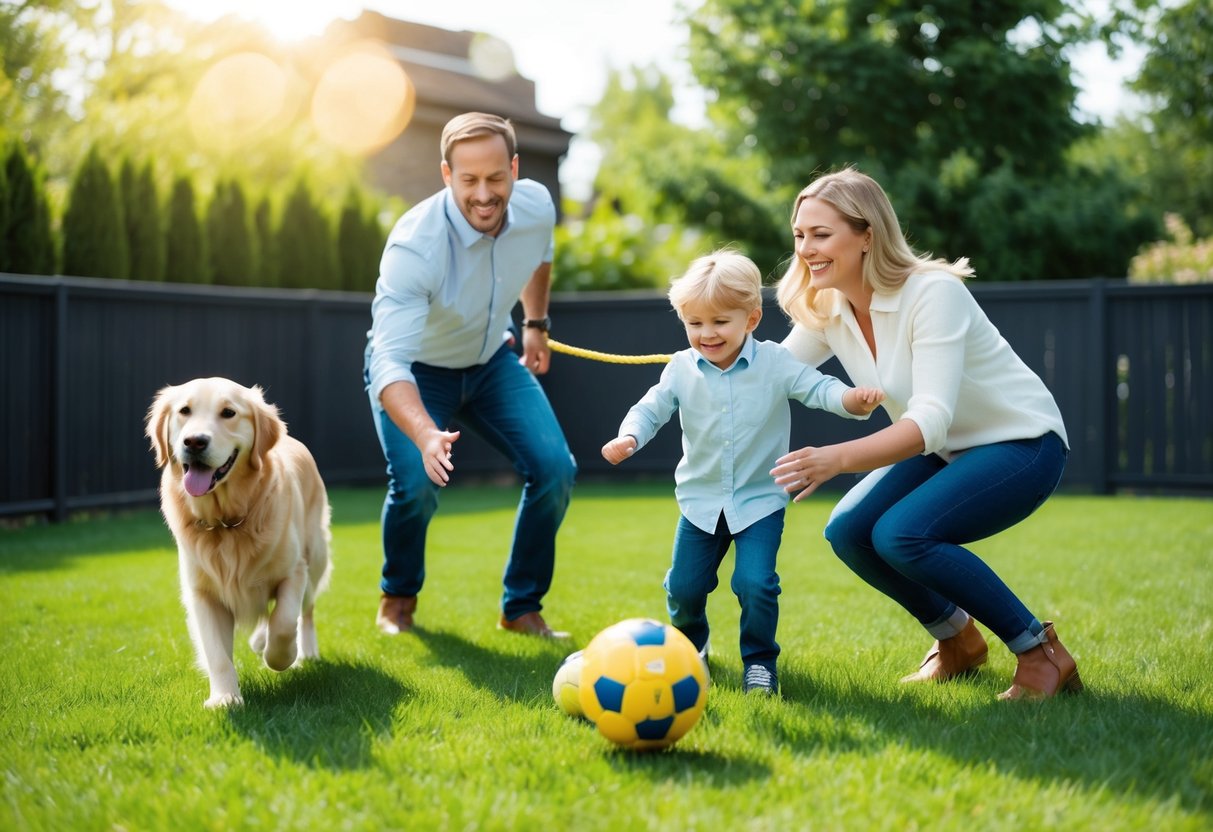 A happy family playing in a fenced backyard with a friendly and well-behaved Golden Retriever