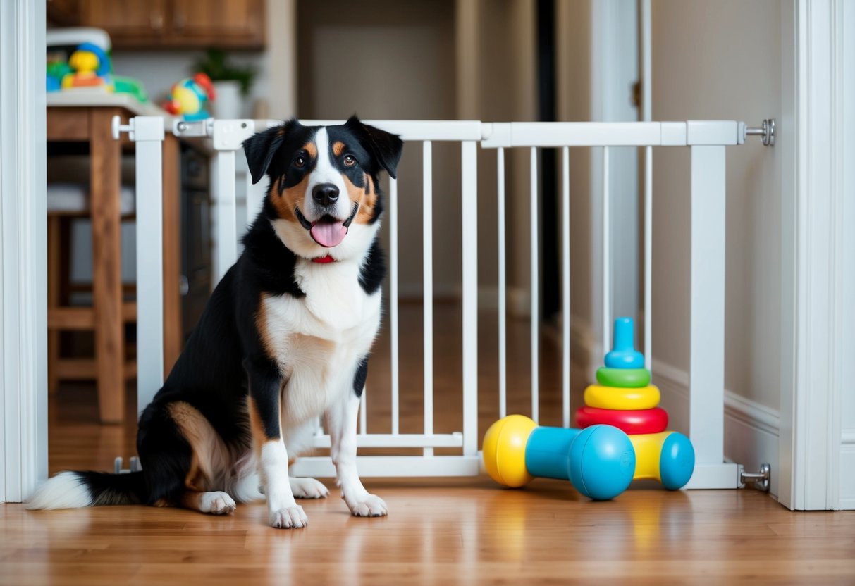 A family-friendly dog breed sitting calmly next to a child's toy and a safety gate in a well-kept home