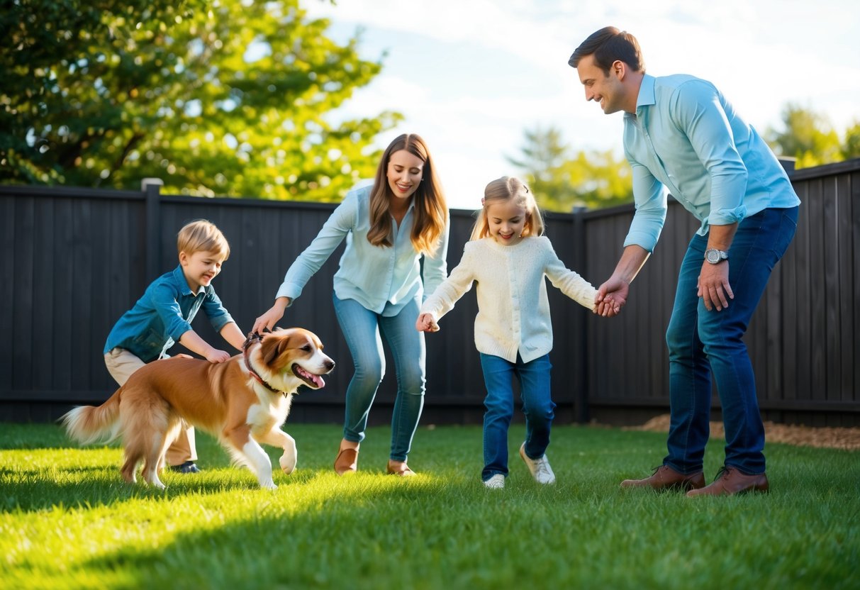 A family playing in a fenced backyard with a friendly, medium-sized dog. The dog is gentle and obedient, showing good behavior around children
