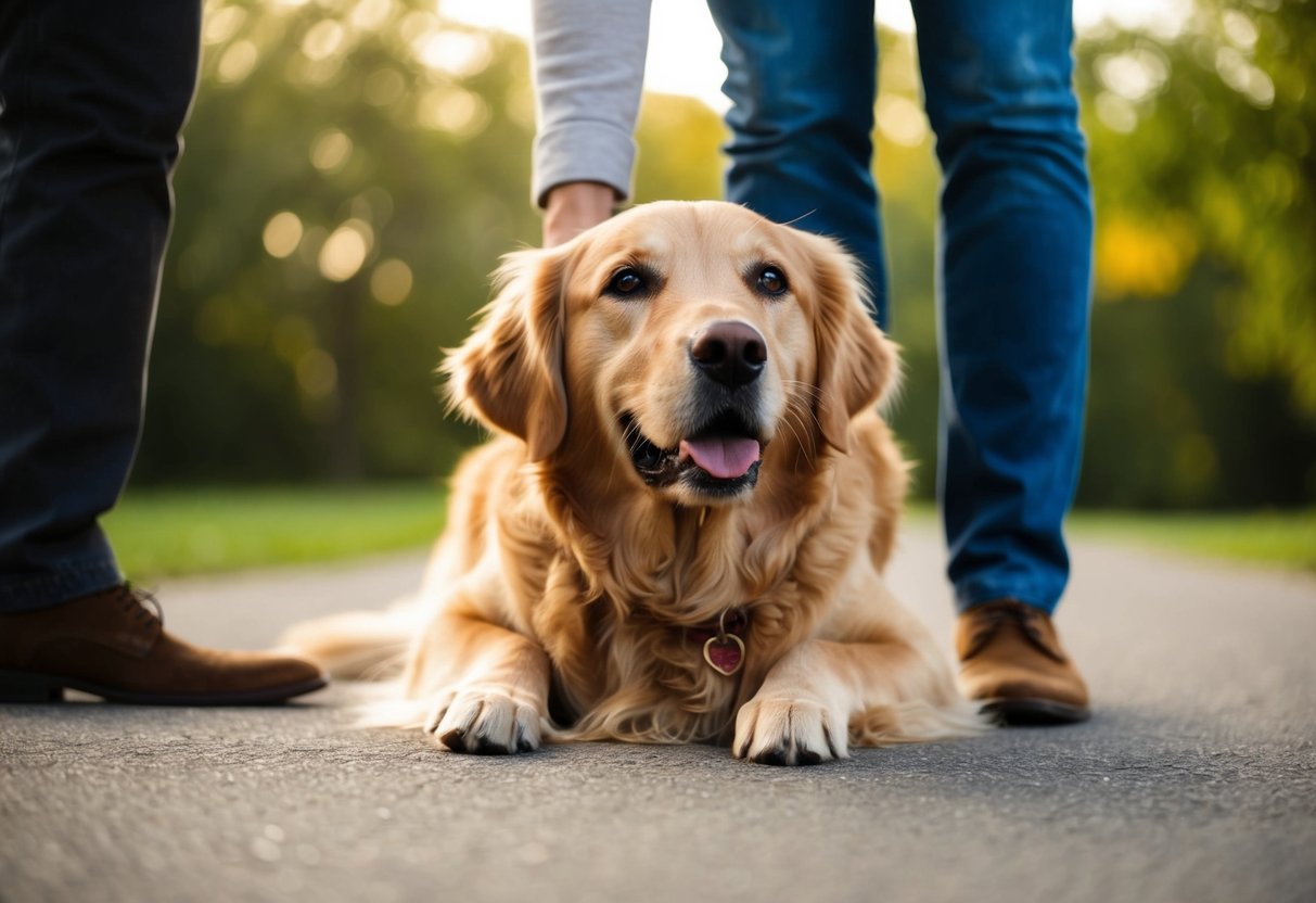 A golden retriever lying at the feet of its owner, gazing up with adoring eyes