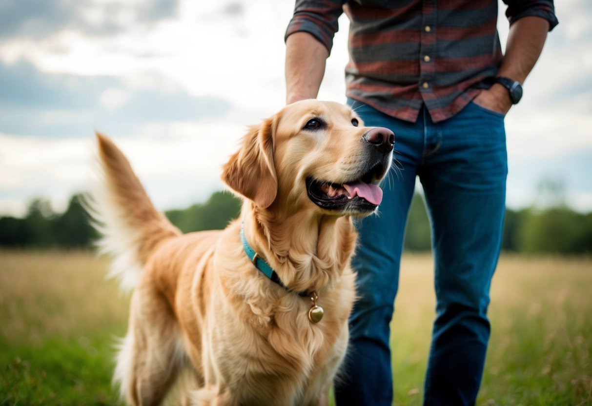 A golden retriever standing by its owner's side, gazing up with adoring eyes and a wagging tail