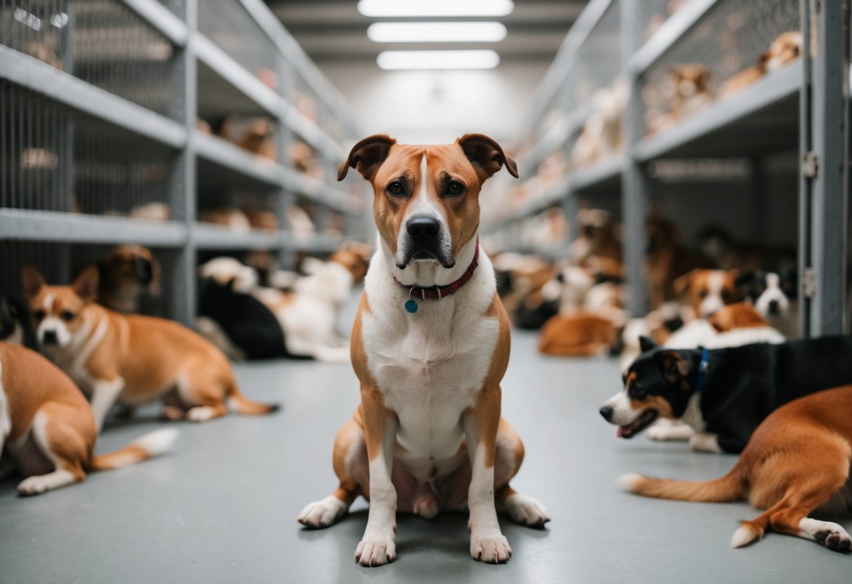 A sad-looking dog sitting alone in a crowded animal shelter, surrounded by other abandoned pets