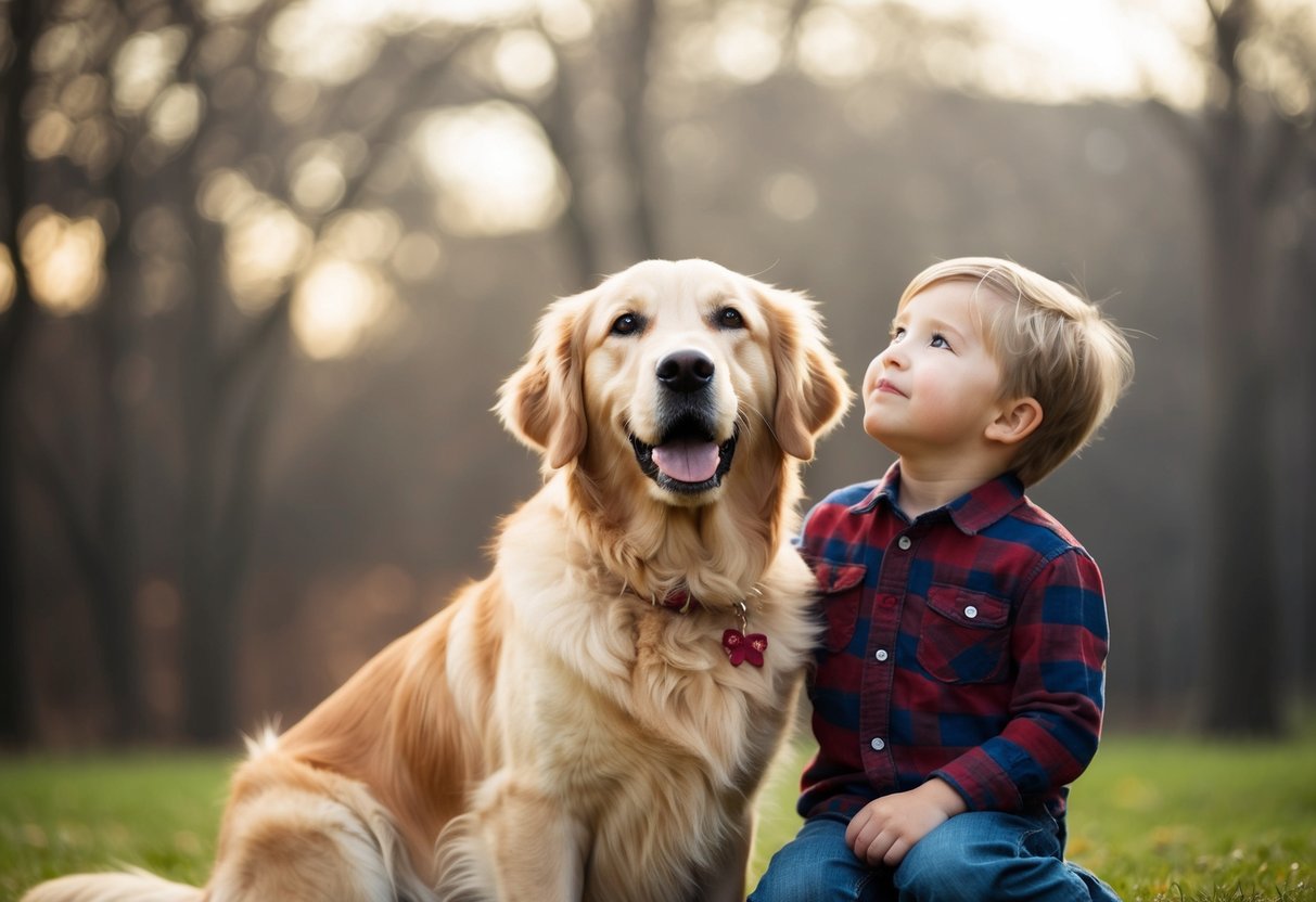 A golden retriever sitting faithfully by a child's side, looking up with adoring eyes