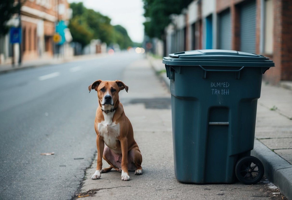 An empty street with a forlorn-looking, abandoned dog of a commonly dumped breed sitting alone by a trash can