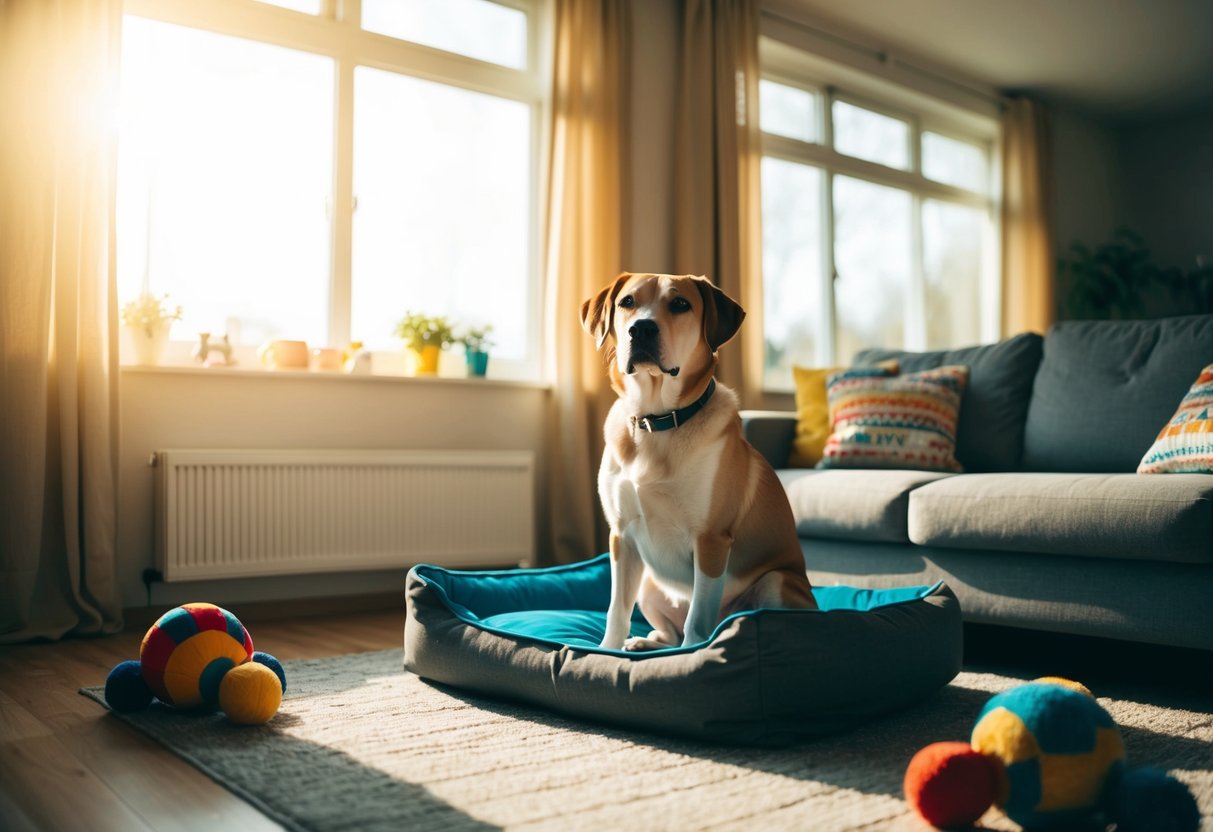 A dog sits alone in a living room, surrounded by toys and a comfortable bed. The sun streams through the window, casting a warm glow over the scene