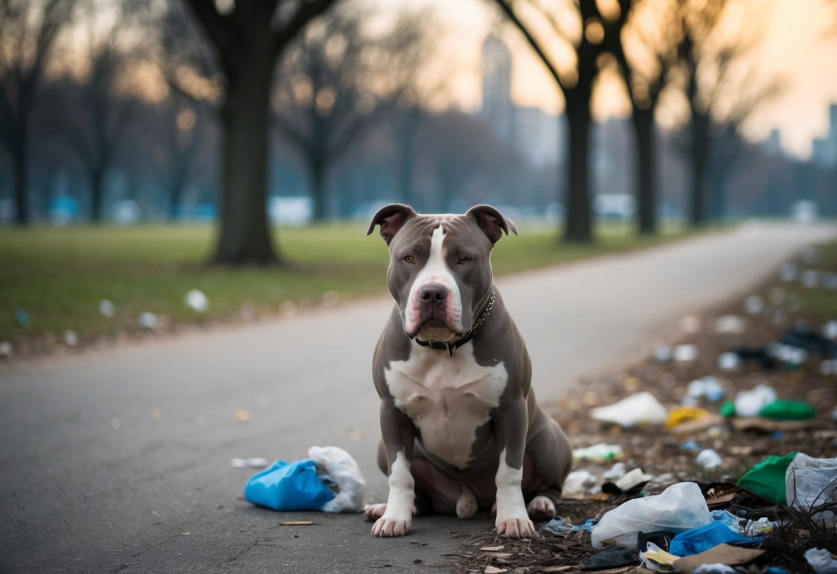 A sad, abandoned pit bull sits alone in a deserted park, surrounded by trash