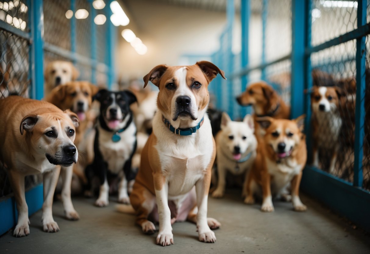 A sad-looking mixed breed dog sitting in a crowded animal shelter, surrounded by other abandoned dogs