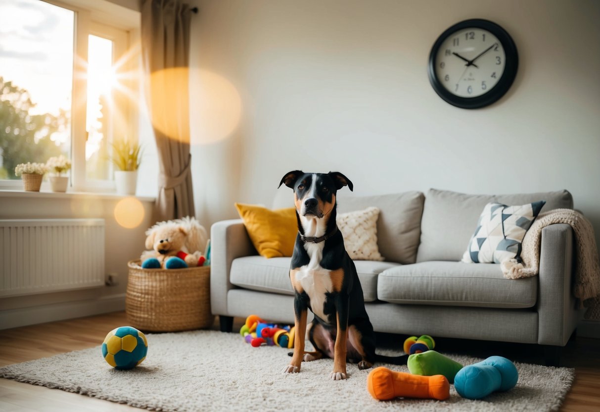 A dog sits alone in a cozy living room, surrounded by toys and a comfortable bed. A clock on the wall shows the passing hours as the sun moves across the sky outside