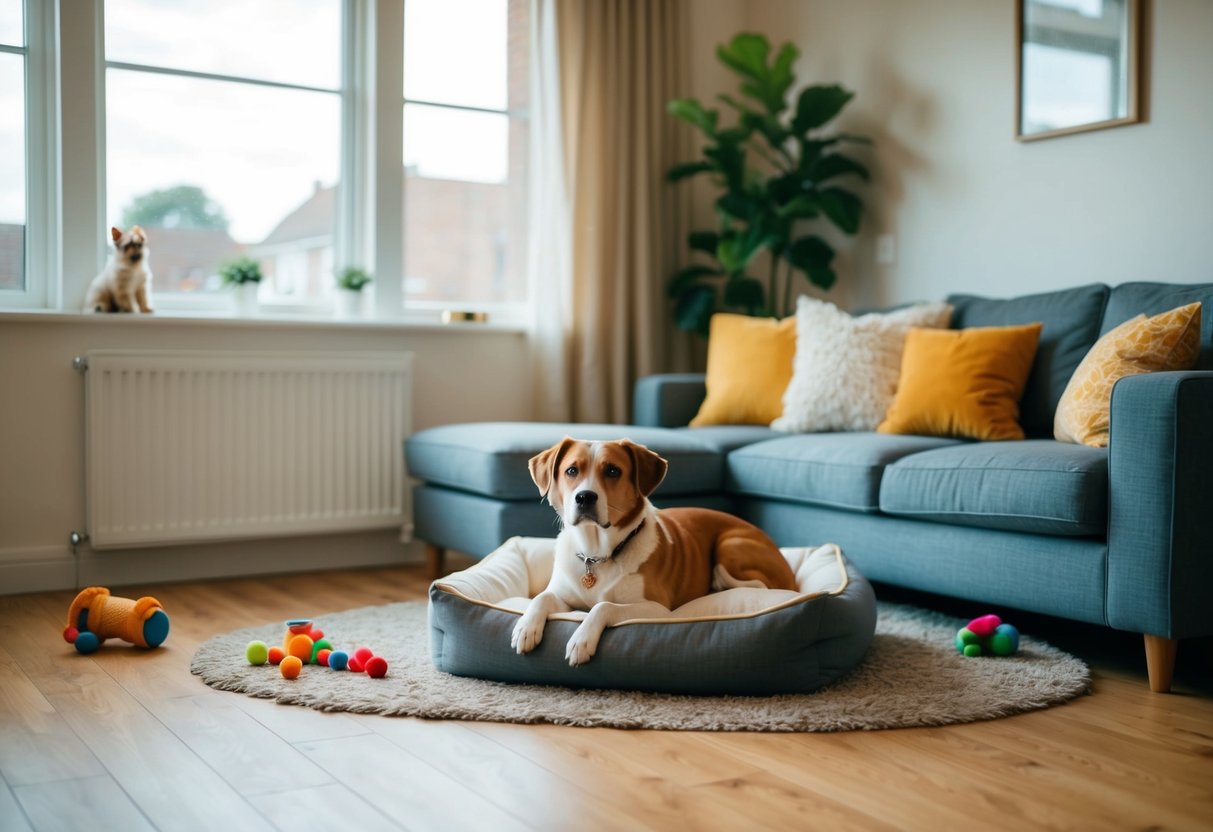 A cozy living room with a comfortable dog bed, toys scattered around, and a large window letting in natural light