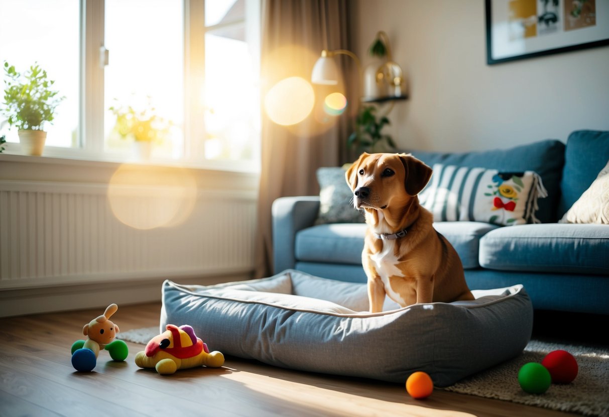 A dog sits alone in a cozy living room, surrounded by toys and a comfortable bed, as sunlight streams in through the window