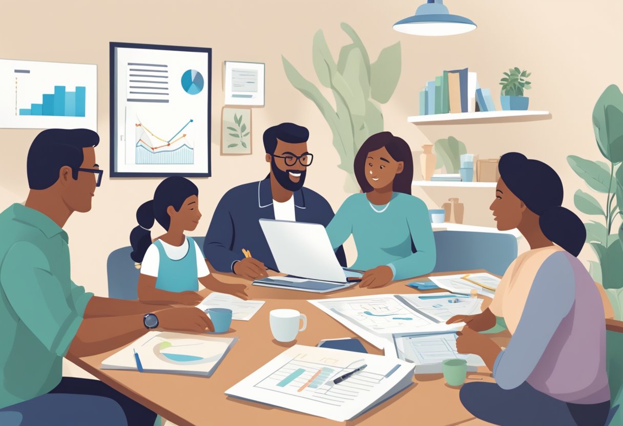 A family sits around a table, discussing financial planning. Charts and graphs are spread out, showing the benefits of Registered Disability Savings Plans (RDSPs) for multiple beneficiaries