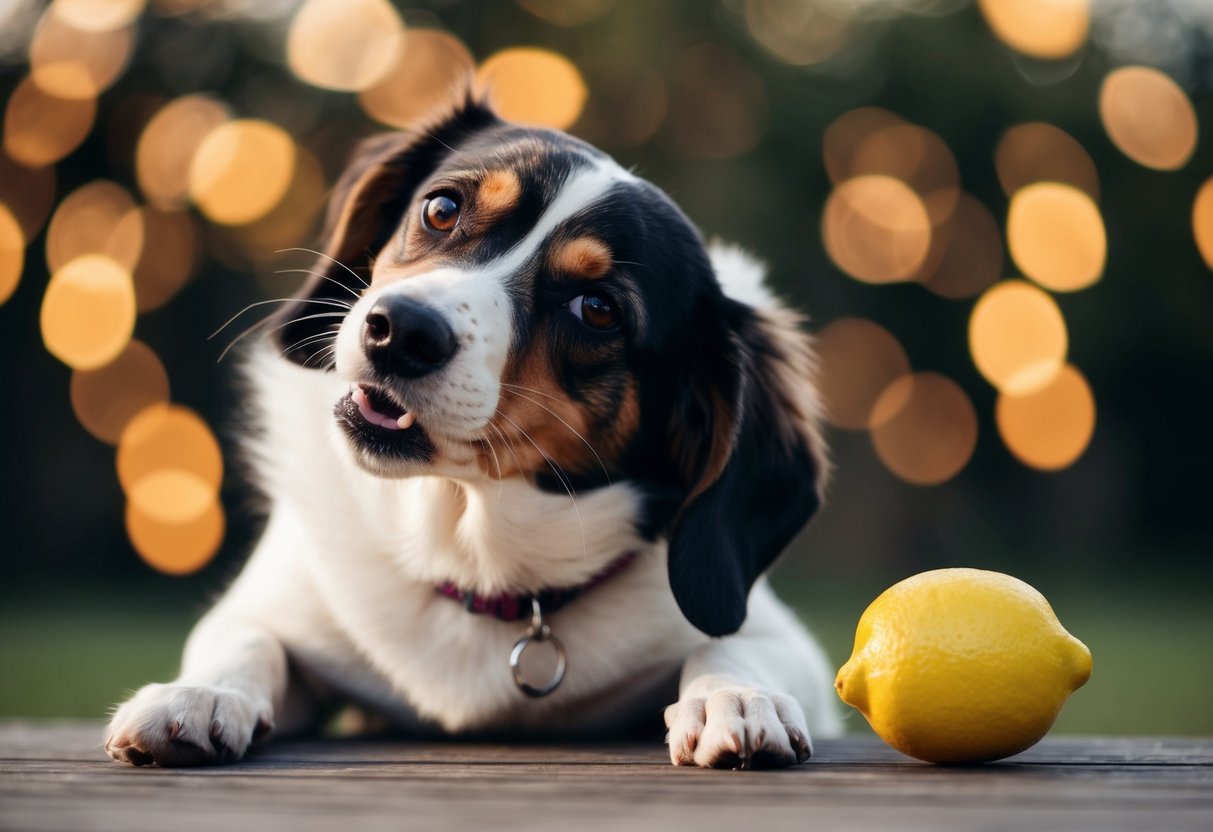 A dog sniffing a lemon, recoiling in disgust